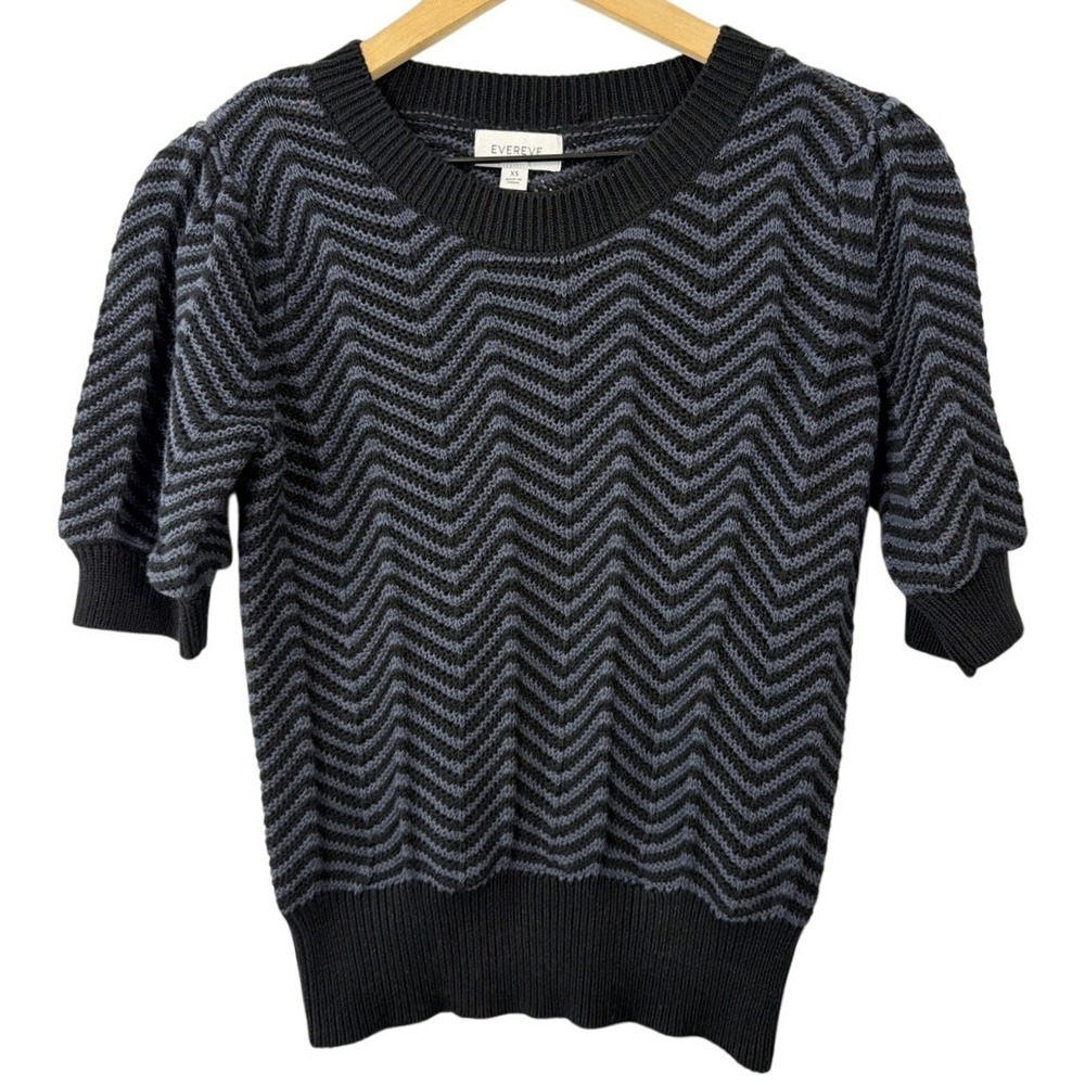 Evereve Womens XS Black Grey Chevron Zigzag Puff Sleeve Cotton Knit Sweater Top
